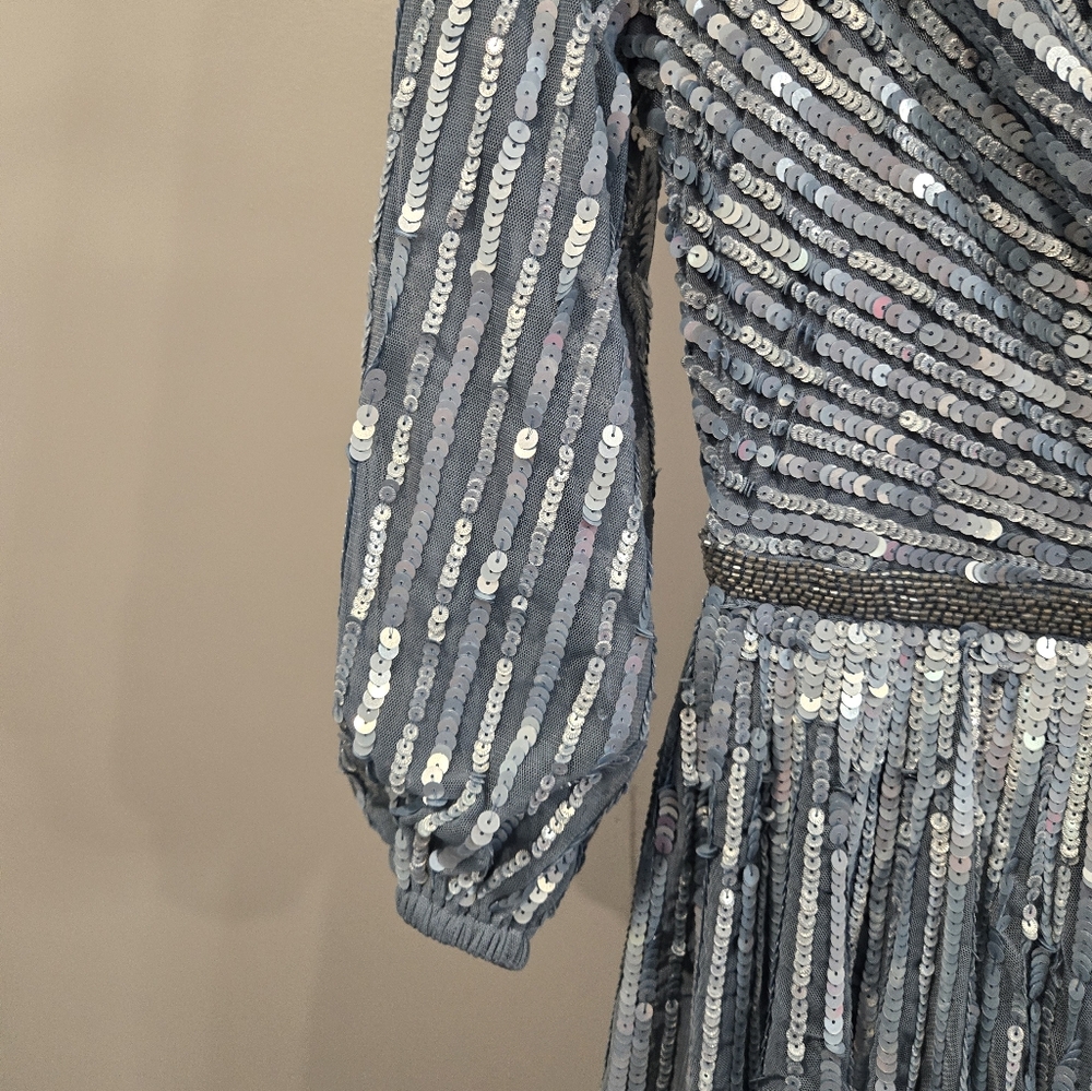 NEW MAC DUGGAL 5509 $598 SLATE BLUE SEQUINED 3/4 SLEEVE TULLE LONG GOWN Size 4 - Picture 10 of 12